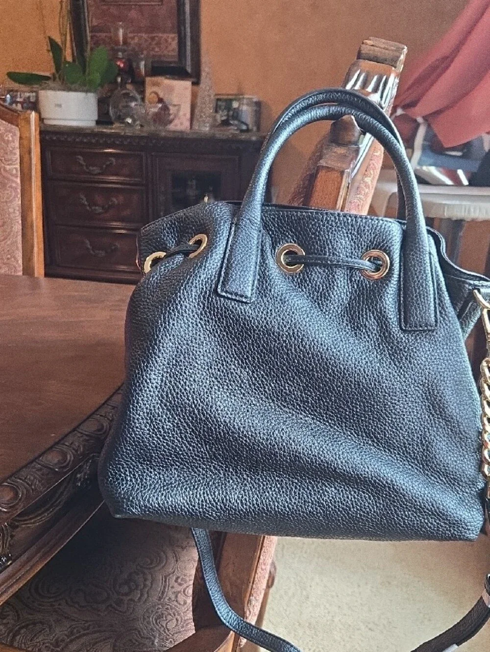 Michael Kors Black Leather Tassel Drawstring Satchel with Gold Hardware